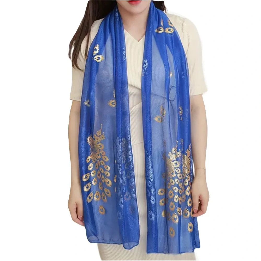 Cobalt Blue Golden Peacock Sheer Rectangular Scarf